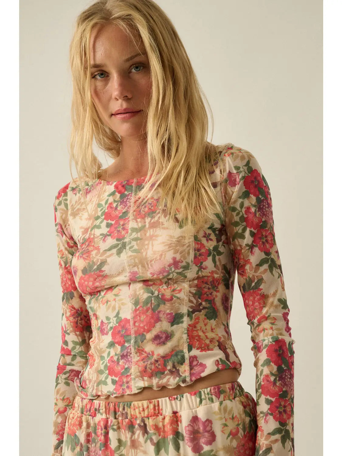 Floral-Print Mesh Princess-Seam Long-Sleeve Top