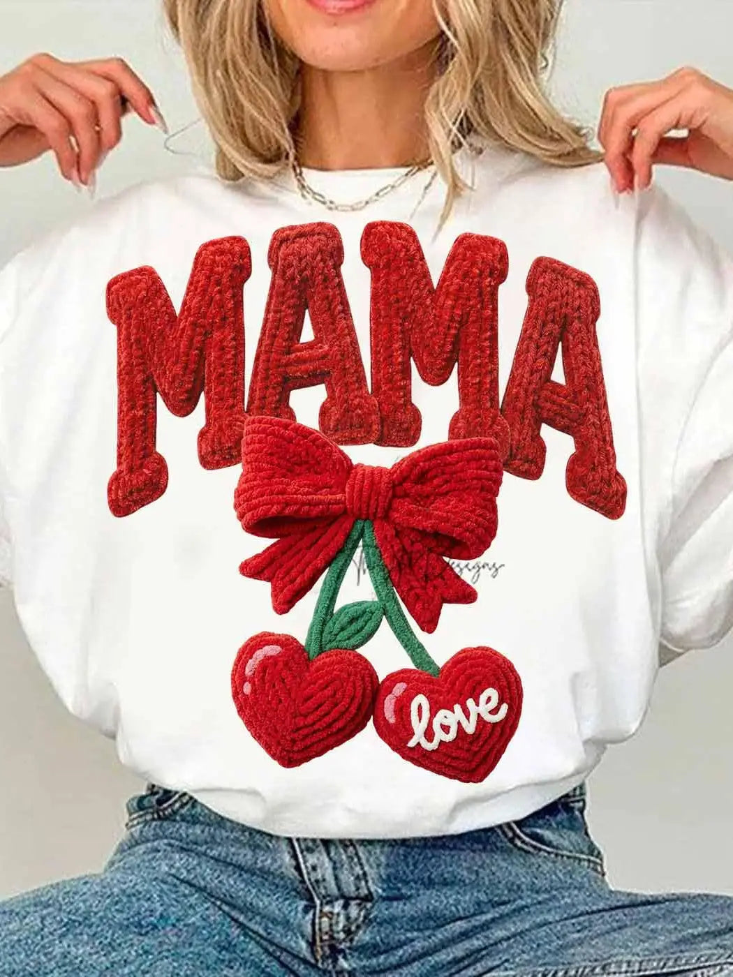 Coquette Cherry Mama Shirt, Faux Yarn Red Lettering Sweater