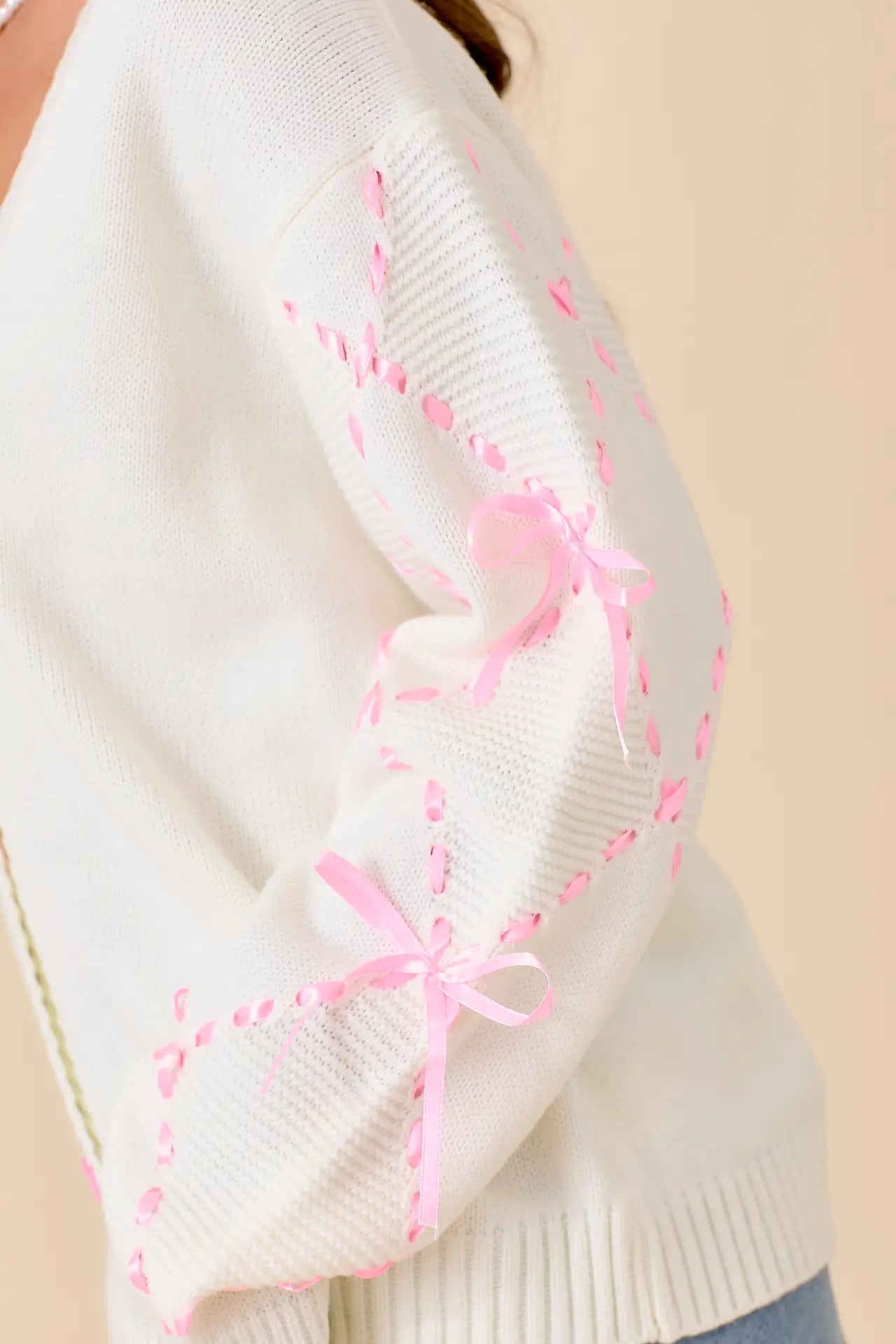 Hand Sewn Satin Ribbon Detail On Sleeve Cardigan