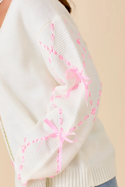 Hand Sewn Satin Ribbon Detail On Sleeve Cardigan