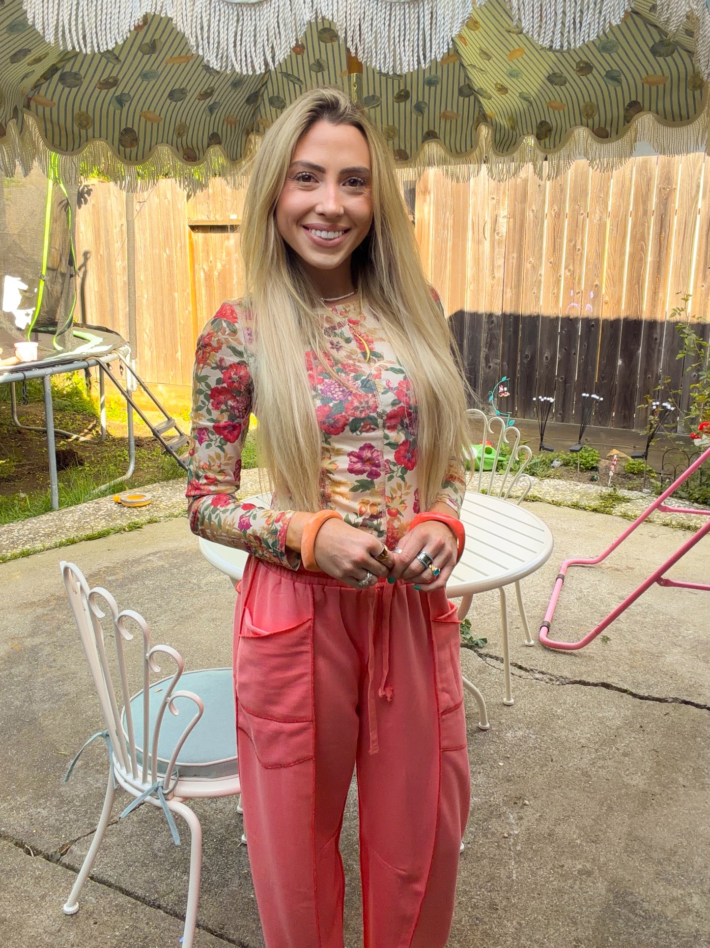 Floral-Print Mesh Princess-Seam Long-Sleeve Top