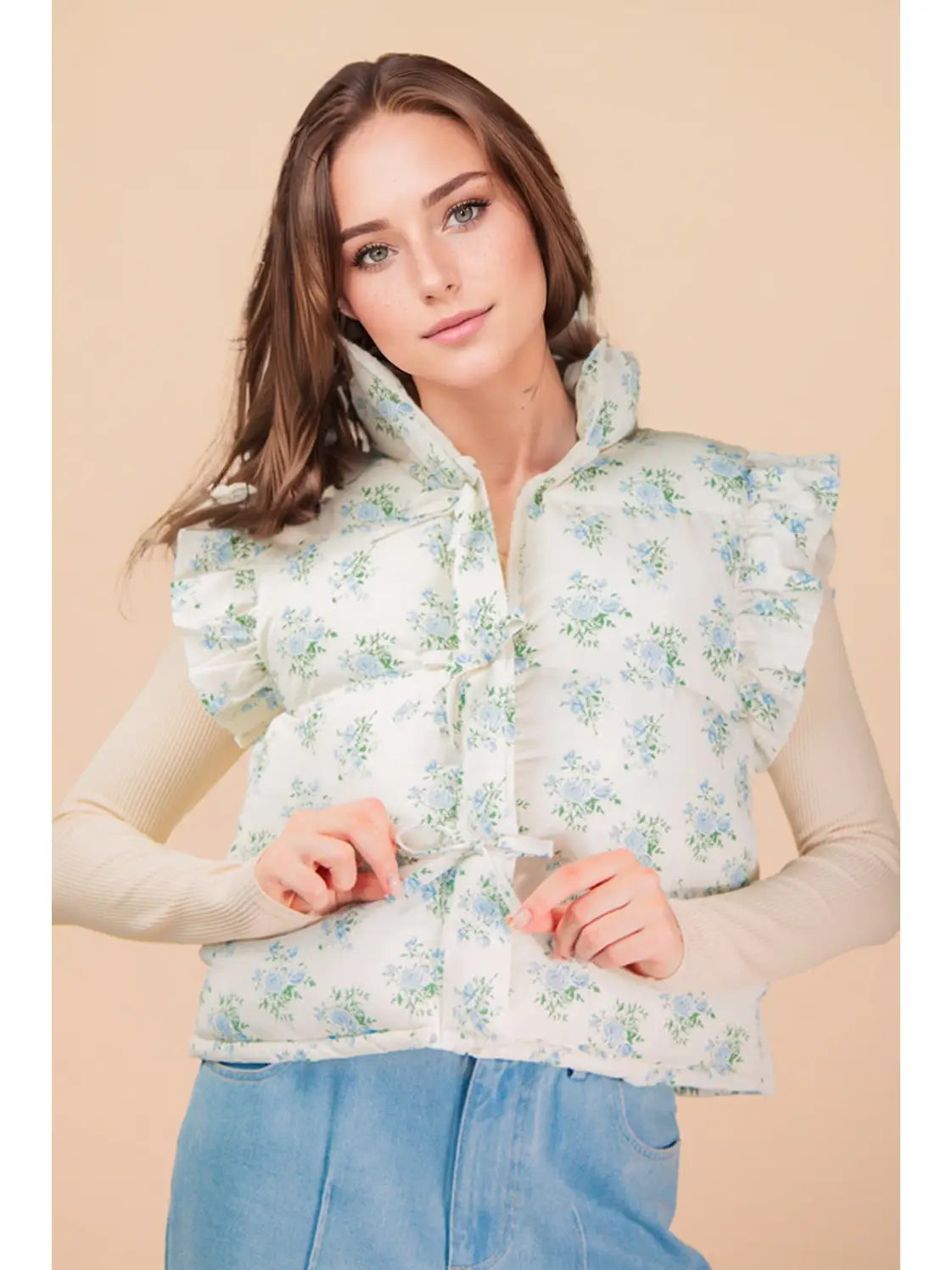 Front Bow Ruffle Sleeve Puffer Vest