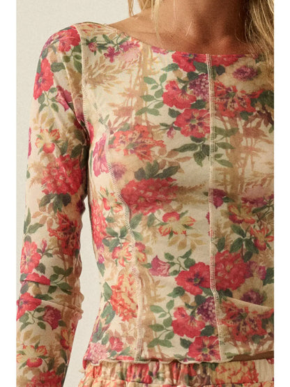 Floral-Print Mesh Princess-Seam Long-Sleeve Top