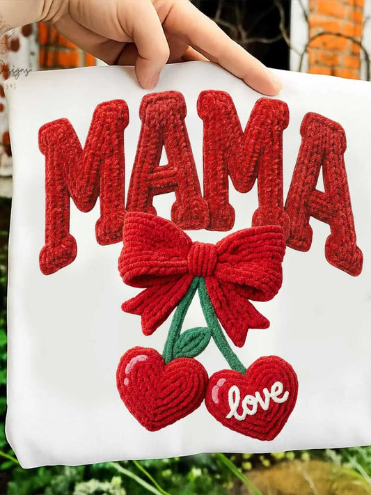 Coquette Cherry Mama Shirt, Faux Yarn Red Lettering Sweater