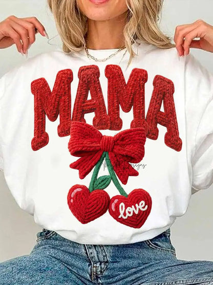 Coquette Cherry Mama Shirt, Faux Yarn Red Lettering Sweater
